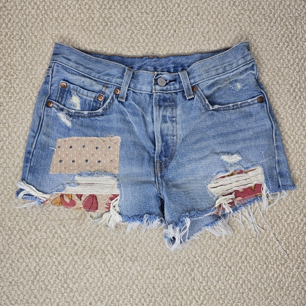 Levi's Blue Distressed Jean Shorts with Patchwork Button Fly Waist 26